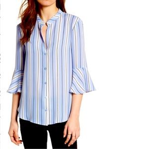 LUSH Blue, White, and Black Striped Flowy Button Up 3/4 Sleeve Blouse, S…